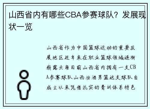 山西省内有哪些CBA参赛球队？发展现状一览
